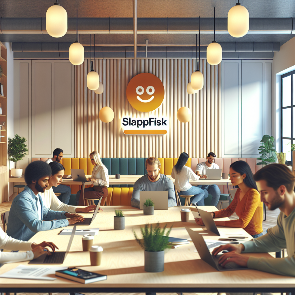 Rent, innbydende kontor- og fritidsmiljø med Slappfisk-logo, moderne farger, folk som samarbeider over laptop og notatark, varm og vennlig stemning